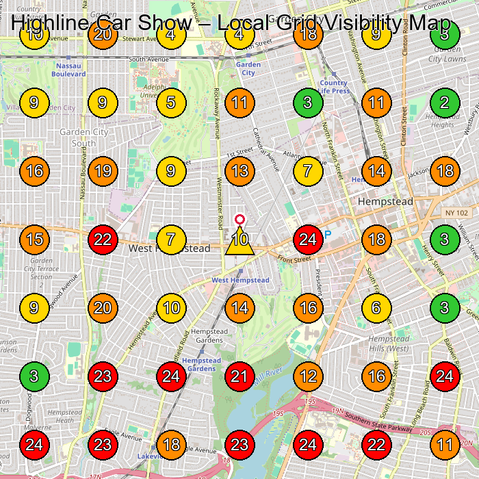 Highline Car Show Used Car Dealer GeoGrid ranking map for West Hempstead NY